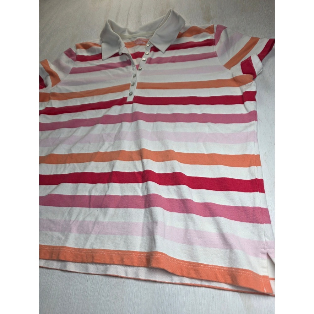 St. John's Bay Women XL Striped Polo Shirt Pink Orange White Y2K Preppy Classic